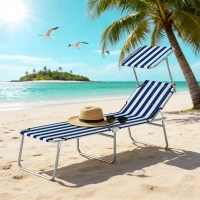 Outsunny Outdoor Pool Chaise Lounge Chair, Folding Tanning Chair with Sun Shade, Blue and White(m-9)