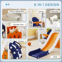 Qaba 6-in-1 Slide and Swing Set Baby Swing Playset Indoor with Basketball Hoop, Climber, Storage Space, Telescope, Orange(m-4)