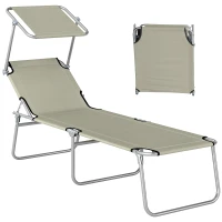 Outsunny Outdoor Pool Chaise Lounge Chair, Folding Tanning Chair with Sun Shade, Cream White(m-11)
