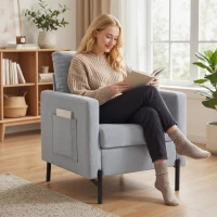 HOMCOM Accent Chair Modern Upholstered Armchair with Side Pockets and Cushion for Bedroom, Living Room, Light Grey(m-1)