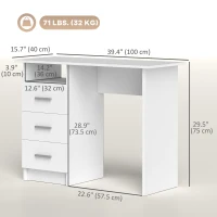 HOMCOM Computer Desk with Storage, 39" Home Office Desk with 3 Drawers nad Open Shelf, Writing Table for Bedroom, White(m-3)