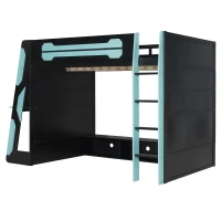 Full Size Wood Loft Bed with Integrated Desk and RGB Lighting, Esports-Style Bed with Multi-Tier Shelves, 93.5'' L x 55.5'' W x 65'' H, Blue(m-11)