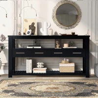 Large Entryway Console with 4 Drawers and 3-Tier Shelves, Sturdy Table with Metal Handlesand Adjustable Feet, 62'' L x 14'' W x 32'' H, Black(m-8)
