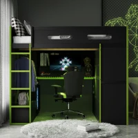 Full Size Wood Loft Bed with Built-In Desk and Gaming Station, Sturdy Bed Frame for Gamers and Multitaskers, 78.5'' L x 56.5'' W x 65'' H, Green(m-4)