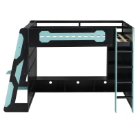 Full Size Wood Loft Bed with Integrated Desk and RGB Lighting, Esports-Style Bed with Multi-Tier Shelves, 93.5'' L x 55.5'' W x 65'' H, Blue(m-12)