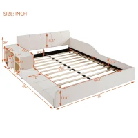 Queen Size Upholstered Bed with Built-In Bedside Desk and Round Stool, Solid Bedboard with Sturdy MDF Frame, 85'' L x 73'' W x 29'' H, Beige(m-3)