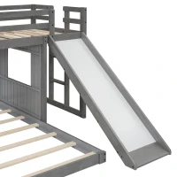 Wooden Twin-Over-Full Bunk Bed with Built-in 3-step Ladder and Guardrails, Playhouse Loft Bed with Slide, 82'' L x 89'' W x 82.5'' H, Antique Gray(m-6)