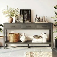 Farmhouse Entryway Table with Wide Top and Open Bottom Shelf, Minimalist Console with Adjustable Feet, 59'' L x 14'' W x 31.5'' H, Gray(m-8)