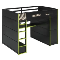 Full Size Wood Loft Bed with Built-In Desk and Gaming Station, Sturdy Bed Frame for Gamers and Multitaskers, 78.5'' L x 56.5'' W x 65'' H, Green(m-10)