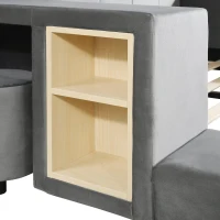 Queen Size Upholstered Bed with Built-In Bedside Desk and Round Stool, Solid Bedboard with Sturdy MDF Frame, 85'' L x 73'' W x 29'' H, Gray(m-5)