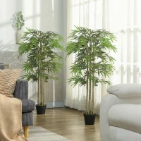 Outsunny 5FT Artificial Bamboo Tree Set of 2, Fake Plant with 1095 Leaves, Greenery Plant in Nursery Pot for Indoor, Green(m-8)