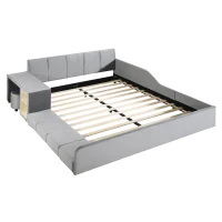 Queen Size Upholstered Bed with Built-In Bedside Desk and Round Stool, Solid Bedboard with Sturdy MDF Frame, 85'' L x 73'' W x 29'' H, Gray(m-2)