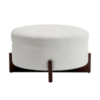 Round Storage Ottoman with Storage and Wood Legs, Versatile Coffee Table with Tufted Upholstered Top, 32'' L x 32'' W x 18'' H, Soft White(m-10)