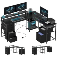 HOMCOM 66" Reversible L Shaped Computer Desk, Corner Desk with File Drawer, Power Outlets and LED Lights, Distressed Black(m-11)