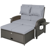 Outsunny Patio Rattan Daybed, Wicker Outdoor Daybed with Storage Ottoman, Loveseat w/ Adjustable Backrest, Side Tables, Gray