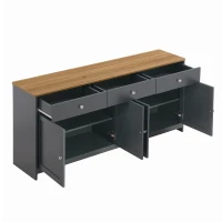 Modern Sideboard Buffet Cabinet with 3 Drawers & 4 Doors, Rustic Storage with Adjustable Shelves, 55'' L x 14.5'' W x 29.5'' H, Gray+Wood(m-10)