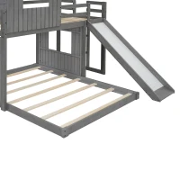 Wooden Twin-Over-Full Bunk Bed with Built-in 3-step Ladder and Guardrails, Playhouse Loft Bed with Slide, 82'' L x 89'' W x 82.5'' H, Antique Gray(m-7)