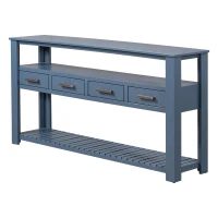 Large Entryway Console with 4 Drawers and 3-Tier Open Shelves, Versatile Table with Adjustable Feet, 62'' L x 14'' W x 32'' H, Navy Blue(m-2)