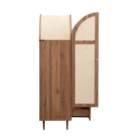 Elegant Wardrobe with Fabric Doors and Drawer, Solid Wooden Legs, Modern Clothes Cabinet with Wide Rail, 31'' L x 19.5'' W x 69'' H, Walnut(m-12)