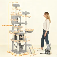 PawHut 76" Large Cat Tree for Indoor Cats with 8 Scratching Posts, 3 Plush Beds, 2 Hammocks, 2 Large Condos, Ramp, Light Grey(m-3)