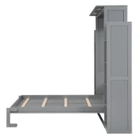 Full Size Murphy Bed with Shelves, LED Lights, Space-Saving Wall Bed with Flexible Slats, Dual Piston Mechanism, 91" L x 81" W x 84" H, Grey(m-16)