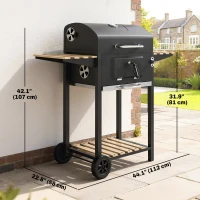 Outsunny 20" Charcoal BBQ Grill Barbecue on Wheels with Adjustable Charcoal Pan, Spacious Cooking Area, 3 Shelves, Thermometer(m-3)