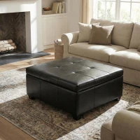 Large Square Ottoman with Upholstered PU Leather and High‑Density Foam, Modern Coffee Table with Storage, 34'' L x 34'' W x 18.5'' H, Black(m-1)