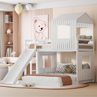 Twin-Over-Full Playhouse Bunk Bed Loft with Slide and 3-Step Ladder, Farmhouse Bed Frame with Guardrails, 82'' L x 89'' W x 82.5'' H, White