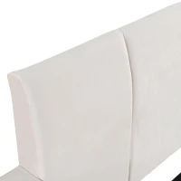 Full Size Upholstered Platform Bed with Built-In Bedside Desk and Round Stool, Solid Bedboard for Families, 80'' L x 68'' W x 29'' H, Beige(m-7)