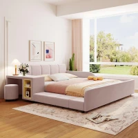 Queen Size Upholstered Platform Bed with Bedside Desk and Round Stool, Low-Profile Bed with Safety Rails, 85'' L x 73'' W x 29'' H, Pink(m-1)