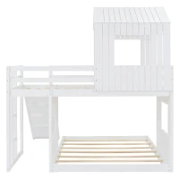 Twin-Over-Full Playhouse Bunk Bed Loft with Slide and 3-Step Ladder, Farmhouse Bed Frame with Guardrails, 82'' L x 89'' W x 82.5'' H, White(m-10)