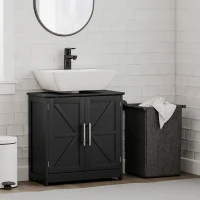 HOMCOM Farmhouse Pedestal Sink Storage Cabinet, Bathroom Sink Cabinet with 2 Barn Doors and Adjustable Shelf, Distressed Black(m-10)