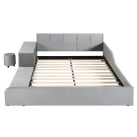 Queen Size Upholstered Bed with Built-In Bedside Desk and Round Stool, Solid Bedboard with Sturdy MDF Frame, 85'' L x 73'' W x 29'' H, Gray(m-11)