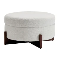 Round Storage Ottoman with Storage and Wood Legs, Versatile Coffee Table with Tufted Upholstered Top, 32'' L x 32'' W x 18'' H, Soft White(m-9)