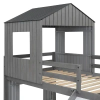 Wooden Twin-Over-Full Bunk Bed with Built-in 3-step Ladder and Guardrails, Playhouse Loft Bed with Slide, 82'' L x 89'' W x 82.5'' H, Antique Gray(m-5)