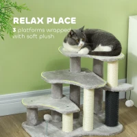 PawHut 2 in 1 Cat Tree Tower 3-Step Pet Stairs with Scratching Posts, Tickling Post, Toy Balls, for High Beds, Couch(m-6)
