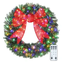 HOMCOM 48in Pre-Lit Christmas Wreath with 3D Red Bow, 11 Lighting Modes, Front Door Christmas Wreath with Remote(m-11)