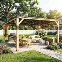 Outsunny 10' x 14' Wooden Gazebo, Hardtop Lean-to Gazebo Pergola with Galvanized Steel Sloped Roof, Bar Shelf, Natural Wood(m-11)