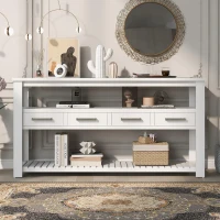 Large Entryway Console with 4 Drawers and 3-Tier Shelves, Sturdy Table with Metal Handlesand Adjustable Feet, 62'' L x 14'' W x 32'' H, White(m-8)