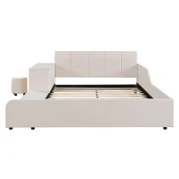 Full Size Upholstered Platform Bed with Built-In Bedside Desk and Round Stool, Solid Bedboard for Families, 80'' L x 68'' W x 29'' H, Beige(m-10)