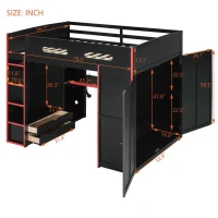 Full Size Wood Loft Bed with Built-In Desk and Gaming Station, Sturdy Bed Frame for Gamers and Multitaskers, 78.5'' L x 56.5'' W x 65'' H, Red(m-3)