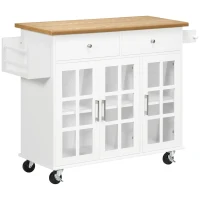 HOMCOM Rolling Kitchen Island with Storage, Utility Kitchen Cart with 2 Drawers, 2 Cupboards, Towel Rack and Spice Rack, Microwave Cart for Dining Room, White(m-1)