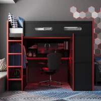 Full Size Wood Loft Bed with Built-In Desk and Gaming Station, Sturdy Bed Frame for Gamers and Multitaskers, 78.5'' L x 56.5'' W x 65'' H, Red(m-4)