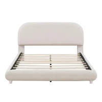 Full Size Upholstered Bed with Curved Headboard and Footboard, Sturdy Bedboard with Plywood & MDF Frame, 80.5'' L x 60'' W x 37'' H, Beige(m-9)