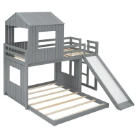 Wooden Twin-Over-Full Bunk Bed with Integrated 3-Step Ladder and Guardrails, Playhouse Loft Bed with Slide, 82'' L x 89'' W x 82.5'' H, Gray(m-2)