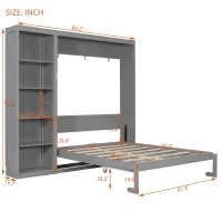 Queen Size Murphy Wall Bed with Dual Piston Mechanism and Shelves, Fold-Away Bed with Flexible Slat, 94'' L x 82'' W x 88.5'' H, Gray(m-3)