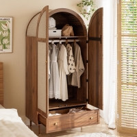 Elegant Wardrobe with Fabric Doors and Drawer, Solid Wooden Legs, Modern Clothes Cabinet with Wide Rail, 31'' L x 19.5'' W x 69'' H, Walnut