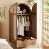 Elegant Wardrobe with Fabric Doors and Drawer, Solid Wooden Legs, Modern Clothes Cabinet with Wide Rail, 31'' L x 19.5'' W x 69'' H, Walnut(m-1)