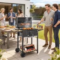 Outsunny 20" Charcoal BBQ Grill Barbecue on Wheels with Adjustable Charcoal Pan, Spacious Cooking Area, 3 Shelves, Thermometer(m-8)
