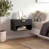HOMCOM Set of 2 Wall Mounted Bedside Tables, Floating Nightstands with Fluted Drawer and Open Shelf for Bedroom, Black(m-10)